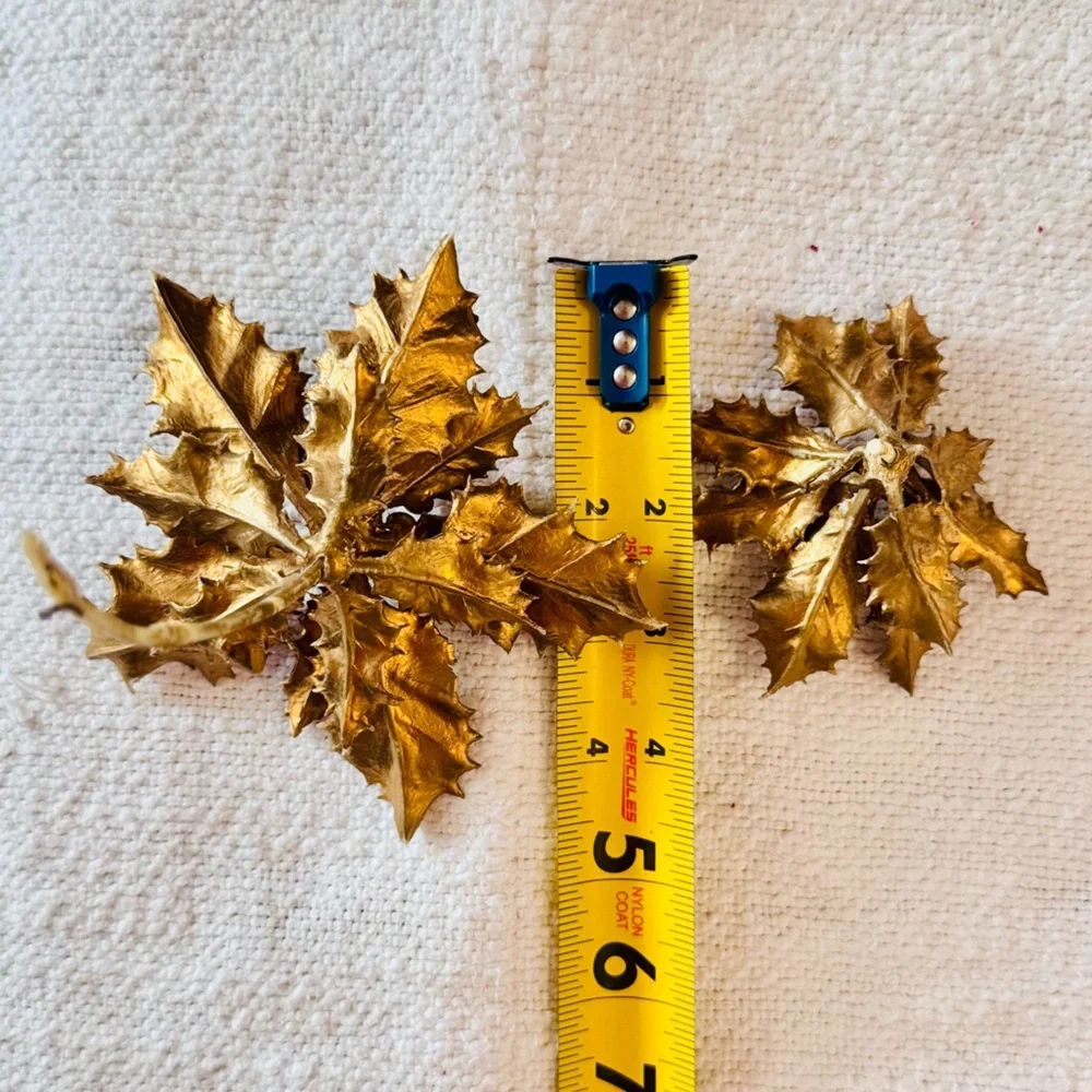 5 VINTAGE Metallic Gold Winter Holly Faux Floral Stems Thick & Rubbery Picks